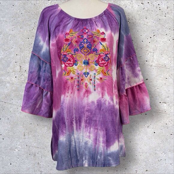 Calessa Tie Dye Tunic Large Purple Blue Pink Floral Embroidered 3/4 Tier Sleeve - Picture 4 of 8